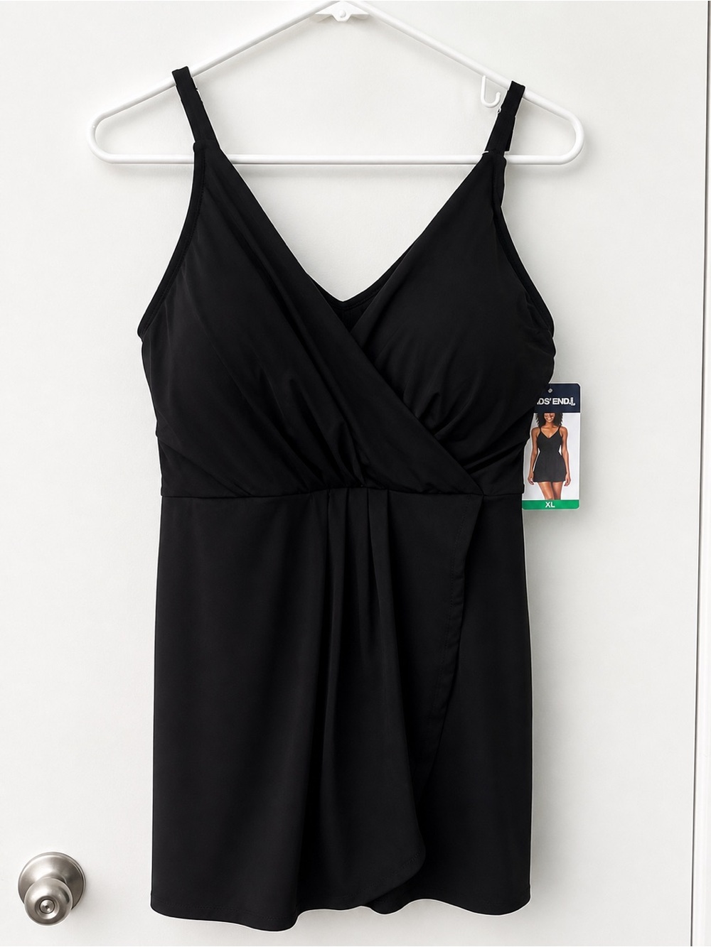 Lands' End Black V-Neck Swimdress with Slim Straps and Skirted Bottom